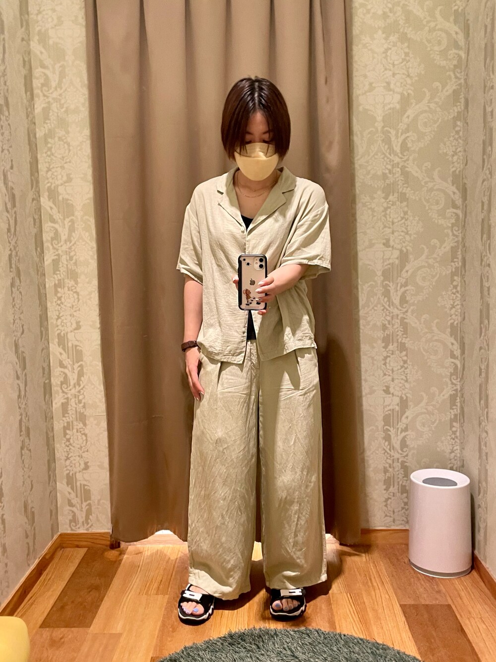 「セットアップ、夏コーデ、サンダル、低身長コーデ、プチプラコーデ」｜「GUのアイテム（シャツ/ブラウス、グリーン系）」を使った、真 花さん（レディース・151cm）の夏コーディネートの1枚目の写真