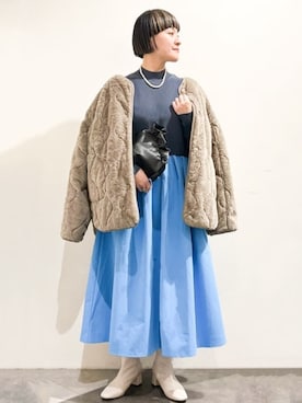 「ラフコーデ」｜「アイテム（ノーカラーコート）」を使った、OPAQUE.CLIPスタッフさん（レディース・156cm）の冬コーディネート