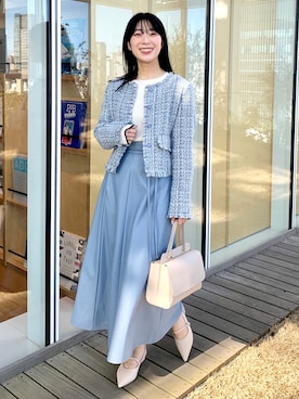 「レザースカート」｜「アイテム（ノーカラージャケット）」を使った、OPAQUE.CLIPスタッフさん（レディース・158cm）の春コーディネート