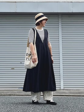 「麦わら帽子」｜「アイテム（ジャンパースカート）」を使った、lomilomiさん（レディース・163cm）の夏コーディネート