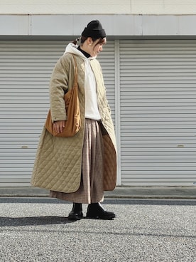 「Libra Cue（リブラ キュー）のアイテム（ノーカラーコート）」を使った、lomilomiさん（レディース・163cm）の冬コーディネート