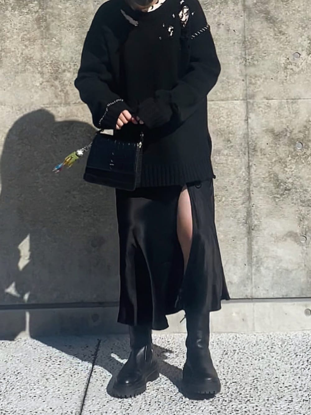 「AMBUSH、marine serre、PRADA、服飾学生、オールブラック、ALL BLACK」｜「AMBUSHのアイテム（ニット/セーター、ブラック系）」を使った、チさん（レディース・164cm）の夏コーディネートの1枚目の写真
