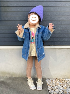 「ニットキャップ」｜「アイテム（デニムジャケット）」を使った、どんさんさん（キッズ・100cm）の冬コーディネート