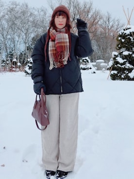 「アイテム（ボストンバッグ）」を使った、Megchuさん（レディース・155cm）の冬コーディネート