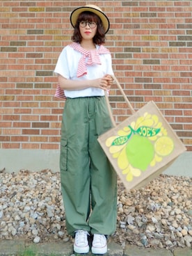 「アイテム（帽子、ベージュ系）」を使った、Megchuさん（レディース・155cm）の夏コーディネート