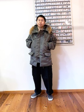 「WAIPER.inc（ワイパーインク）のアイテム（ダウンジャケット/コート）」を使った、Fujioさん（メンズ・165cm）の冬コーディネート