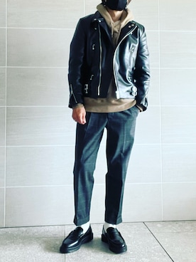 「UNIQLO U」｜「アイテム（ライダースジャケット）」を使った、hirotakaさん（メンズ・173cm）の冬コーディネート