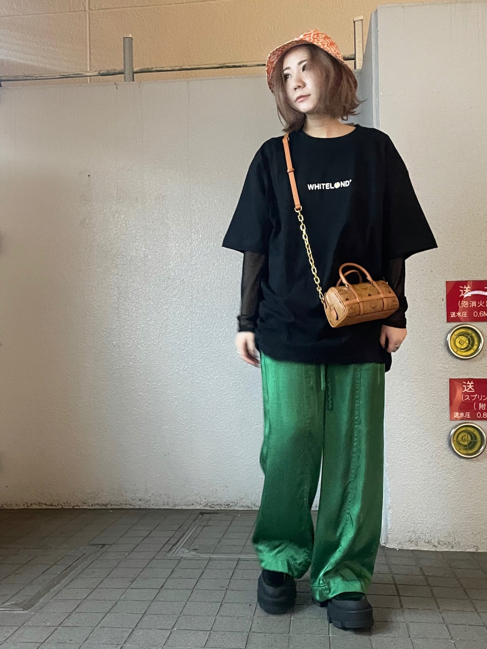 ブラック系のTシャツ/カットソー、ブラウン系のショルダーバッグ、ブラック系のTシャツ/カットソーを着用したレディースの春コーディネートの1枚目の写真