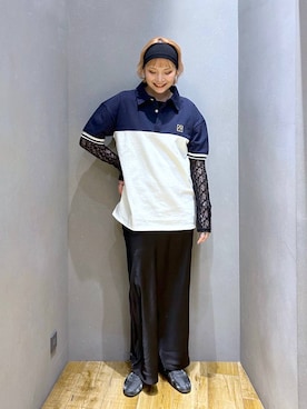 「JEANASIS（ジーナシス）のレースギャザーボートネックLS/589928（Tシャツ/カットソー、ブラック系）」を使った、マキ（JEANASiS）さん（レディース・165cm）の春コーディネート