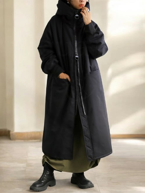 【極上品】90s ビンテージ ビッグラペル ロングコート BLACK ビッグジッパーロングコート（ダウンジャケット/コート