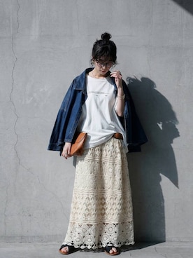 「antiqua（アンティカ）のレース 透かし編み フレアスカート（Skirt、ベージュ系）」を使った、antiquaさん（レディース・160cm）の春コーディネート