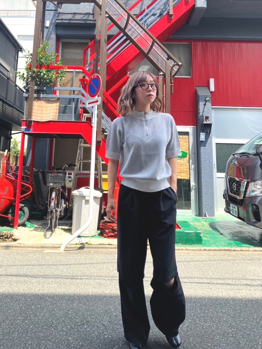 「夏ファッション、ootd、outfit、outfitoftheday、fashion、fashion blogger」｜「VACANCYのメッシュハーフジップトップス（その他トップス、グレー系）」を使った、Misaki さん（骨格ナチュラル・レディース・162cm）の夏コーディネートの1枚目の写真