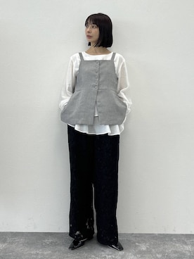 「A part by（アパートバイ）の【多機能】リネンライクベスト（ベスト、ブラック系）」を使った、しまゆう / 47歳アパレル会社員さん（レディース・161cm）の春コーディネート