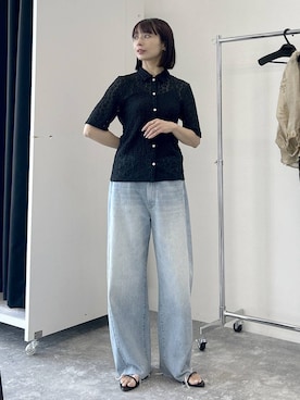 「A part by（アパートバイ）のレースエリツキプルオーバー_5分袖（Tシャツ/カットソー、ブラック系）」を使った、しまゆう / 47歳アパレル会社員さん（レディース・161cm）の夏コーディネート