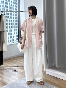 「A part by（アパートバイ）のシアーオープンカラーシャツ（シャツ/ブラウス、ピンク系）」を使った、しまゆう / 47歳アパレル会社員さん（レディース・161cm）の春コーディネート