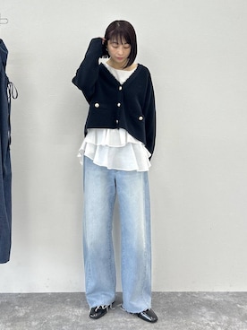 「A part by（アパートバイ）のツイードVカーディガン（カーディガン/ボレロ、ブルー系）」を使った、しまゆう / 47歳アパレル会社員さん（レディース・161cm）の春コーディネート