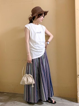 「ペーパーハット」｜「アイテム（財布/小物）」を使った、marinaさん（レディース・158cm）の夏コーディネート