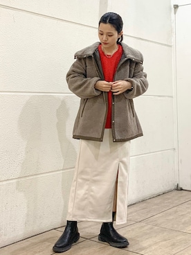 「赤ニット」｜「アイテム（ブルゾン）」を使った、marinaさん（レディース・158cm）の秋コーディネート
