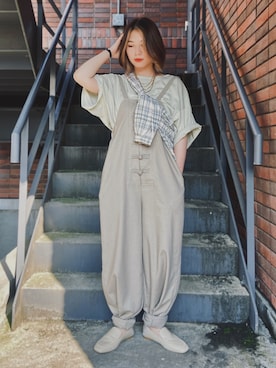 「154cm」｜「アイテム（サロペット/オーバーオール）」を使った、つんさん（レディース・154cm）の夏コーディネート