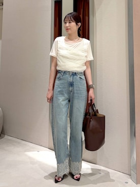 「LOWRYS FARM（ローリーズファーム）のチュールレイヤードＳＳ 1032082（Tシャツ/カットソー、ホワイト系）」を使った、maruさん（レディース・160cm）の夏コーディネート