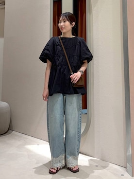 「LOWRYS FARM（ローリーズファーム）のアシメティアードチュニックＳＳ　1049042（シャツ/ブラウス、ブラック系）」を使った、maruさん（レディース・160cm）の夏コーディネート