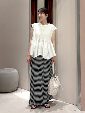 「LOWRYS FARM（ローリーズファーム）のドッキングペプラムノースリーブ　1032148（Tシャツ/カットソー、ホワイト系）」を使った、maruさん（レディース・160cm）の夏コーディネート