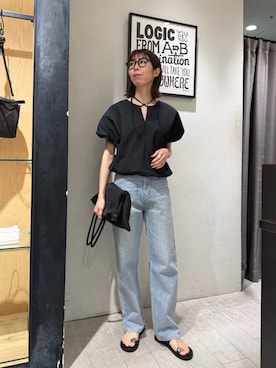 「CAPRICIEUX LE'MAGE（カプリシューレマージュ）のバルーンリボンブラウス（シャツ/ブラウス、ブラック系）」を使った、ike_lemageさん（レディース・164cm）の春コーディネート