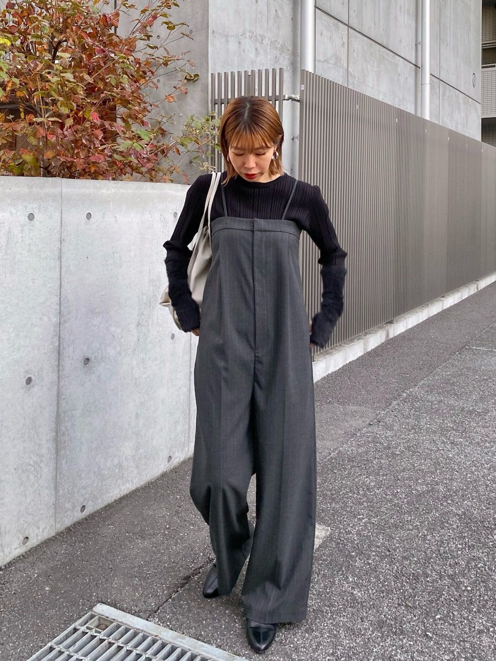 THOMAS MAGPIE グレー ストライプサロペット ストラップ付き