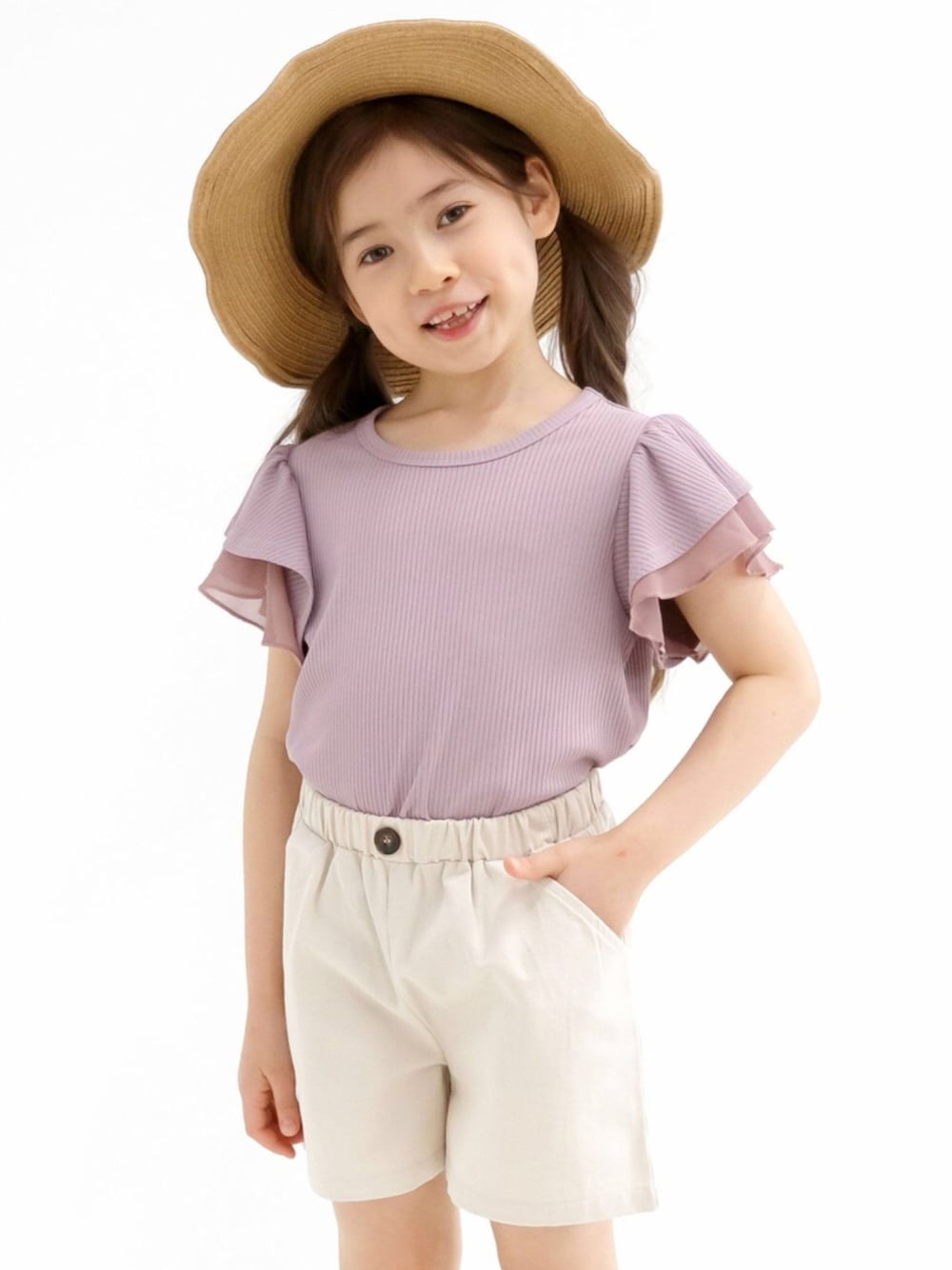 「こどもコーデ、韓国子供服、韓国ファッション、子供服、キッズコーデ、女の子コーデ、キッズファッション、トップス」｜「Bee des BeeのフリルスリーブTee（Tシャツ/カットソー、パープル系）」を使った、子供服Beeさん（キッズ・110cm）の夏コーディネートの1枚目の写真