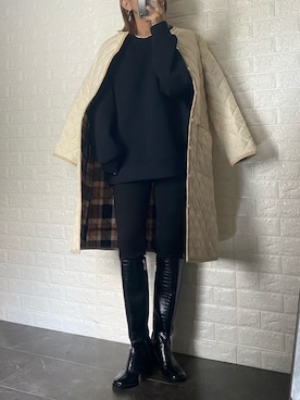 「黒スキニー」｜「アイテム（ノーカラーコート）」を使った、SHOさん（レディース・165cm）の秋コーディネート