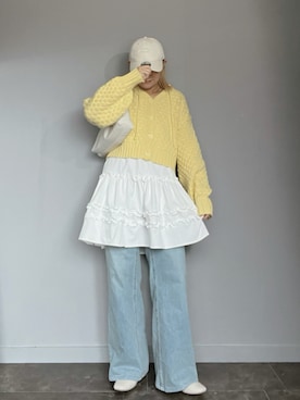 「tiptop（ティップトップ）のポコポコ編前後2wayカーディガン（Knitwear、イエロー系）」を使った、SHOさん（レディース・165cm）の春コーディネート