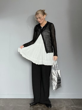 「tiptop（ティップトップ）の【web限定アイテム】ラメシアー衿付きダブルジップカーディガン（Cardigans、ブラック系）」を使った、SHOさん（レディース・165cm）の春コーディネート