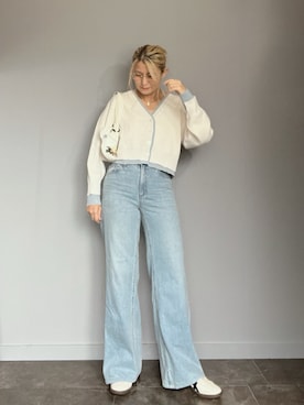 「tiptop（ティップトップ）の畦編配色Vネックショートカーディガン（Cardigans、ホワイト系）」を使った、SHOさん（レディース・165cm）の春コーディネート