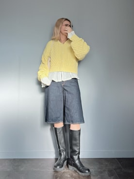 「tiptop（ティップトップ）のポコポコ編前後2wayカーディガン（Knitwear、イエロー系）」を使った、SHOさん（レディース・165cm）の冬コーディネート