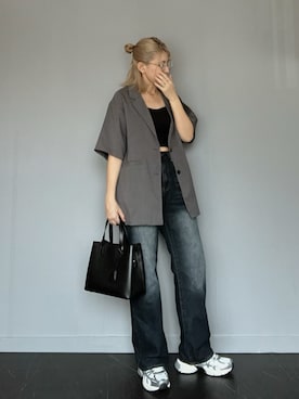 「tiptop（ティップトップ）のリネンライク半袖テーラードジャケット（Tailored jacket、グレー系）」を使った、SHOさん（レディース・165cm）の春コーディネート