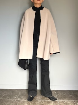 「リブニット」｜「アイテム（ノーカラーコート）」を使った、SHOさん（レディース・165cm）の秋コーディネート