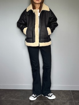 「ユニクロ」｜「アイテム（ムートンコート）」を使った、SHOさん（レディース・165cm）の秋コーディネート