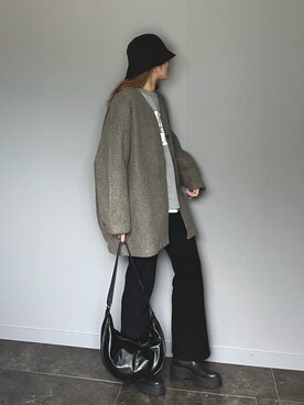 「ジャケット」｜「アイテム（ノーカラーコート）」を使った、SHOさん（レディース・165cm）の冬コーディネート