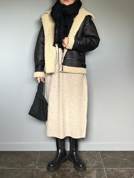「ニットワンピース」｜「アイテム（ムートンコート）」を使った、SHOさん（レディース・165cm）の冬コーディネート