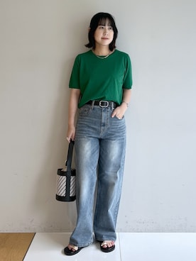 「Dessin（デッサン）の【9色展開/接触冷感/UVカット】ドライタッチサマーニットT（ニット/セーター、グリーン系）」を使った、Hirokaさんの夏コーディネート