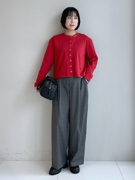 「Dessin（デッサン）のリングスナップミニ裏毛カーディガン（カーディガン/ボレロ、レッド系）」を使った、Hirokaさんの秋コーディネート