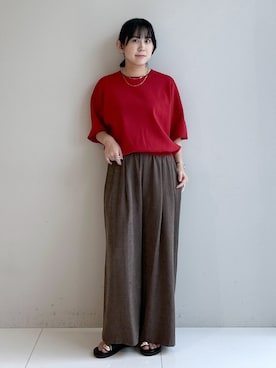 「Dessin（デッサン）のピーチタッチ タックワイドパンツ（その他パンツ、ブラウン系）」を使った、Hirokaさんの夏コーディネート