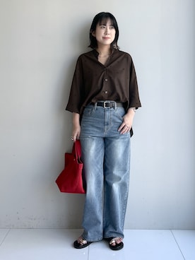 「Dessin（デッサン）の【セットアップ可】ドットプリント ハーフスリーブシャツ（シャツ/ブラウス、ブラウン系）」を使った、Hirokaさんの夏コーディネート