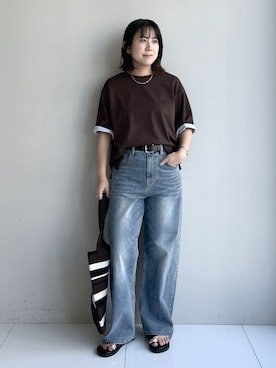 「Dessin（デッサン）の【汗シミ防止/UVカット】配色スリーブ 五分袖プルオーバー（Tシャツ/カットソー、ブラウン系）」を使った、Hirokaさんの夏コーディネート