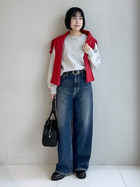 「Dessin（デッサン）のリングスナップミニ裏毛カーディガン（カーディガン/ボレロ、レッド系）」を使った、Hirokaさんの秋コーディネート