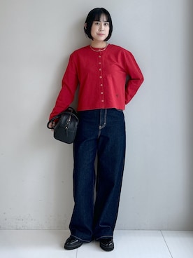 「Dessin（デッサン）のリングスナップミニ裏毛カーディガン（カーディガン/ボレロ、レッド系）」を使った、Hirokaさんの秋コーディネート