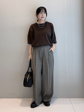 「Dessin（デッサン）の【UVカット/マシンウォッシャブル】6分袖配色ニット（ニット/セーター、ブラウン系）」を使った、Hirokaさんの秋コーディネート
