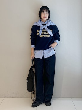 「Dessin（デッサン）の【洗濯機OK/秋レイヤード】スウェットライク ロゴニット（ニット/セーター、ブルー系）」を使った、Hirokaさんの秋コーディネート