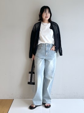 「Dessin（デッサン）の【UVカット/接触冷感】美光沢カットソー（Tシャツ/カットソー、ホワイト系）」を使った、Hirokaさんの夏コーディネート
