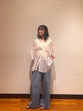 「URBAN RESEARCH（アーバンリサーチ）のハーフスリーブストライプシャツ（シャツ/ブラウス、ブルー系）」を使った、かおりんさん（レディース・158cm）の夏コーディネート